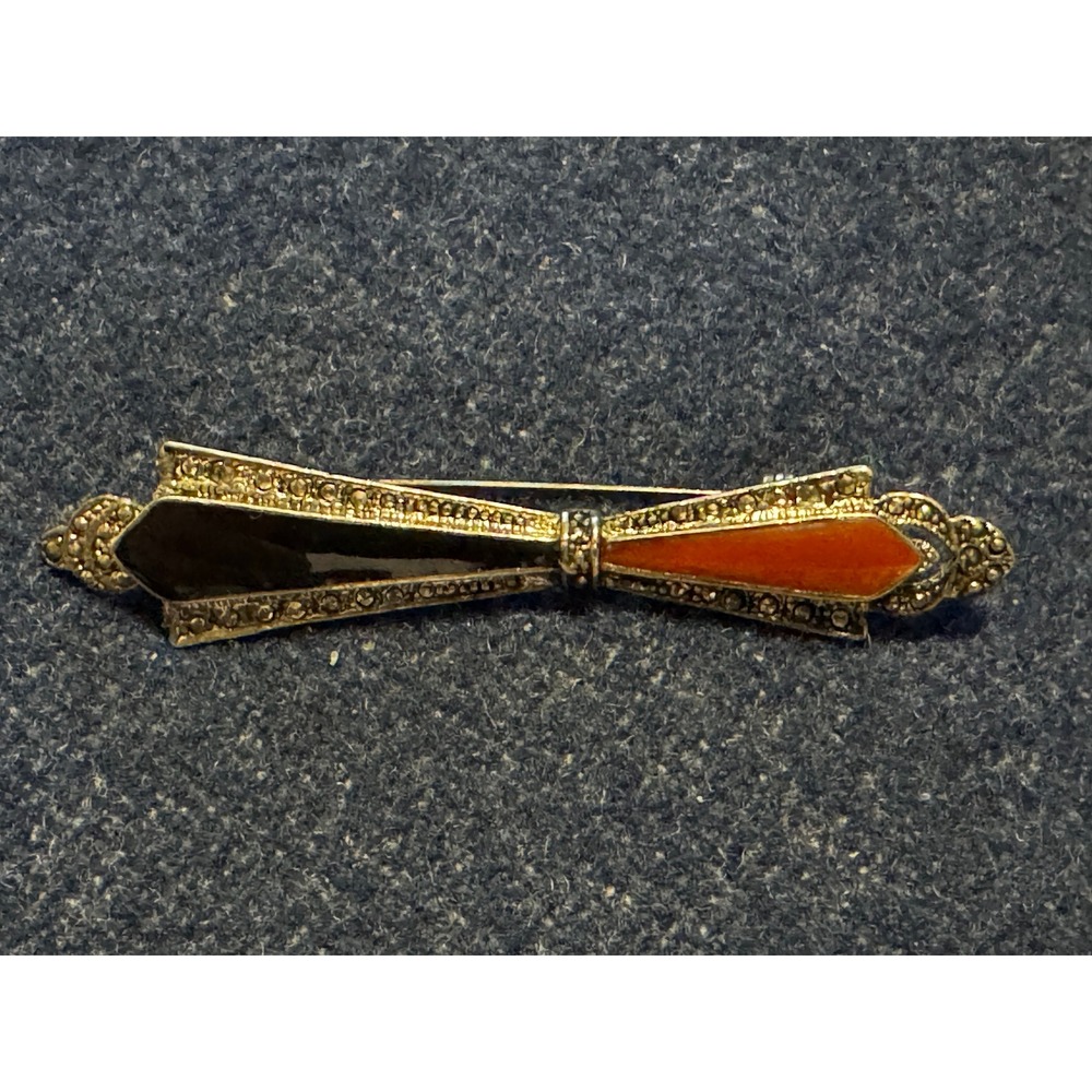 Vintage Art Deco Marcasite Bar Brooch Black Orange Inlay MCM Silver Tone Pin